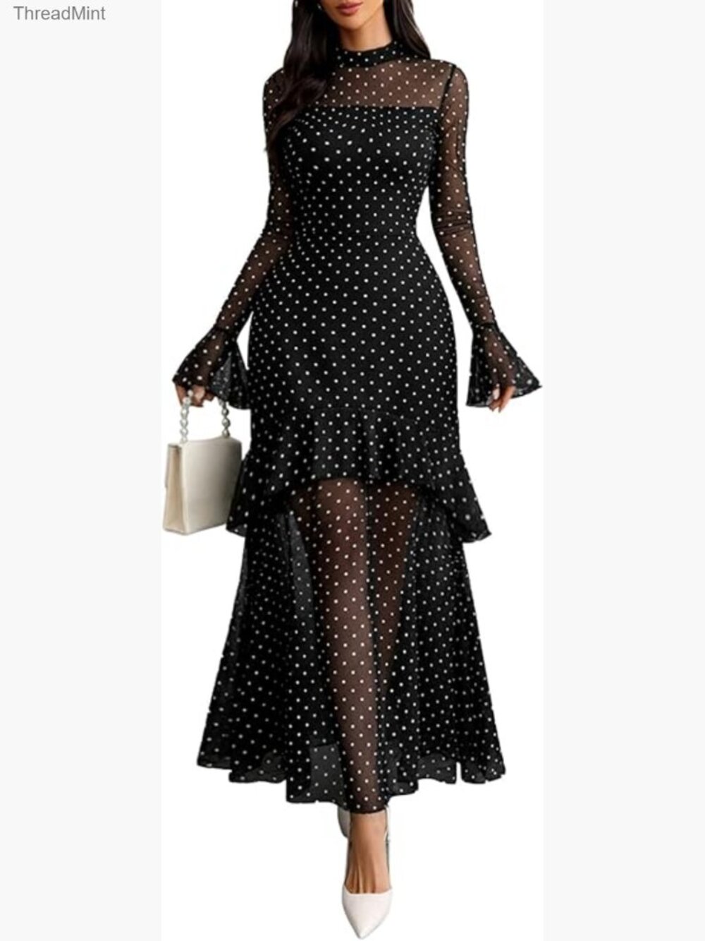 Floral Maxi Dress Sheer Mesh Bell Sleeve Tiered Ruffle Gothic Romantic
